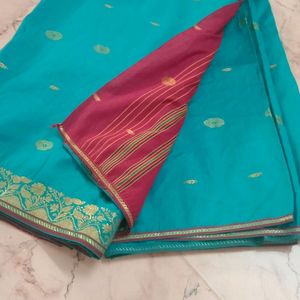 Cotton Blend Green With Maroon Silk Saree