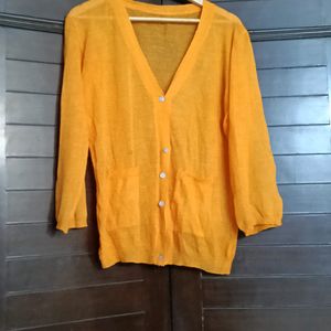 Women Orange V- Neck Pockets Button Down Cardigan