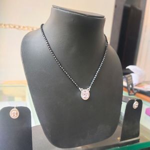 Pure Silver Ovel Shape Mangalsutra With Earrings