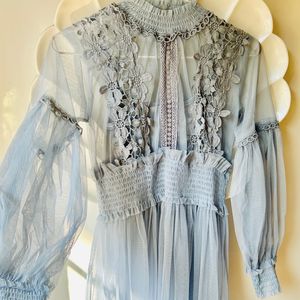 Blueish Embroidered Net Midi Dress