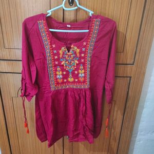 Red Embroidered Short Kurti