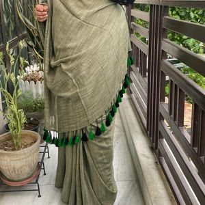 Olive Green Mulmul Cotton Saree With Tassels