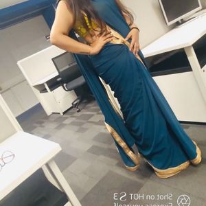 Teal Saree With Unstitched Blouse