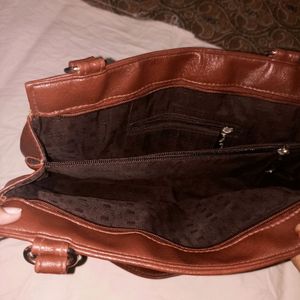 Brown Faux Leather Handbag, Medium Size, With Mult