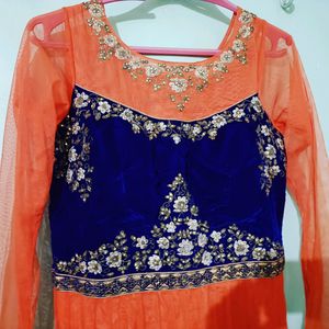 Orange Anarkali Net Gown With Dupatta And Chudidar