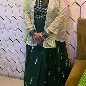 Green Lahenga Sequence Blouse And Shrug