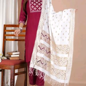 Embroidery Work Kurta Pant And Dupatta Set