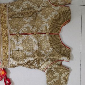 Golden Blouse With Red&Mixed Orange Printed Lehnga