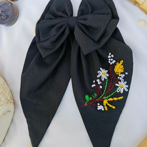 Handmade Black Embroidered Bow Clip