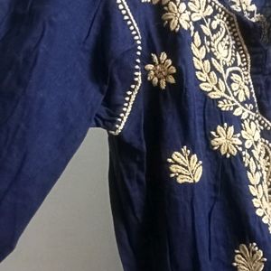 Navy Blue Chikankari Cotton Straight Kurta