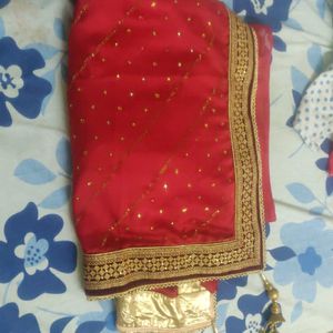 Party Wear Red Saree With Maroon Border And Latkan