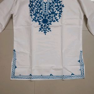 White And Blue Embroidered Short Kurti