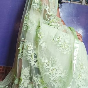 Green 💚 Colour Net Saree With Full Flower Design