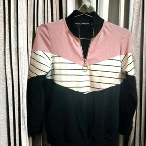 Black Pink Zipper Collar Sweatshirt