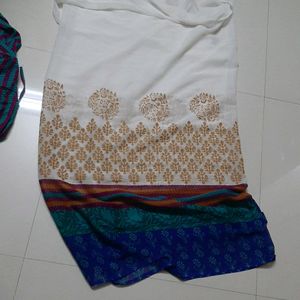 White Blue Golden Kurta Dupatta Pant Set