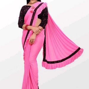 Pink raffuel saree with stitched blouse