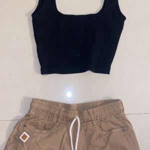 Two Piece Set!:black Singlet Top,Beige Cargo Denim