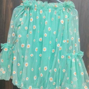 Green Off Shoulder Top With Flowers Prints