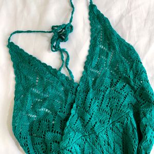 Pinterest Crochet Shinny Bottle Green Backless Top