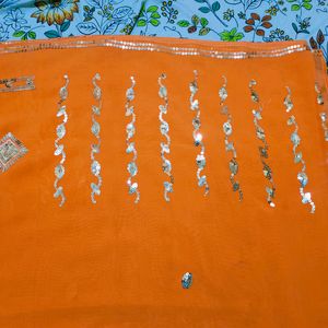 Orange  Saree Chamki Work