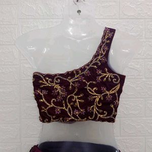 Maroon Velvet Blouse With Flare Lehenga