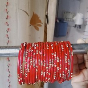 Red Glass Bangles With Stone Work