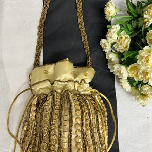 Embroidery Golden Potli Handbag/Clutch For Women