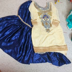 Navy Blue Satin Lehnga And Cream Kurti