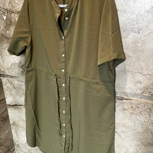 Olive Green Shirt Dress With Adjustable Waist