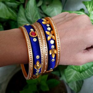 Golden And Blue Designer Silk Thread Bangles Set