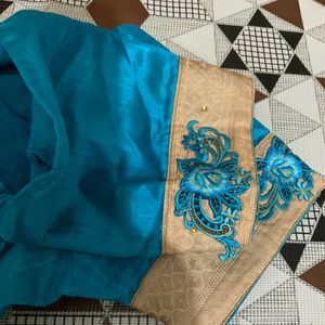 Cyan Blue  Zari Embroidery Saree  With Stone Work