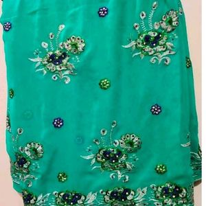 Sea Green Saree With Blouse & Peticot