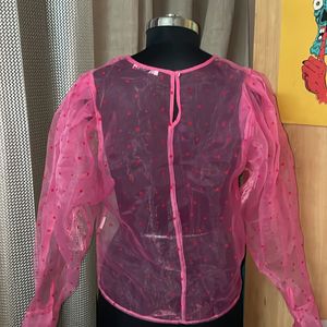 Pink Sheer Top With Puffy Sleeve