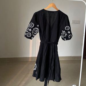 Balloon Puffed Sleeve Cutwork Embroidered Dress