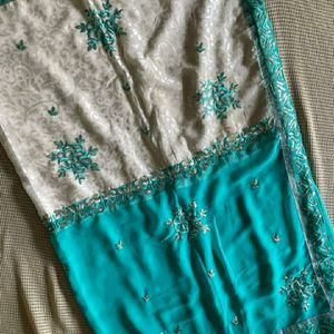 Half Green And White Saree With Stitched Blouse