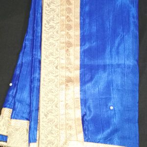 Blue Sari With Golden Laces