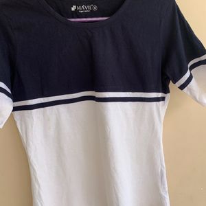 Women Navy Blue And White Pure Cotton TshirtTshirt