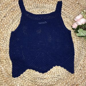 Navy Blue Cable Knit Self Design Crop Pullover Top