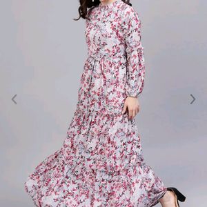 Women Grey And Pink Printed Tiered Maxi Dress