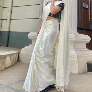 White Satin Saree With Stitched Blouse