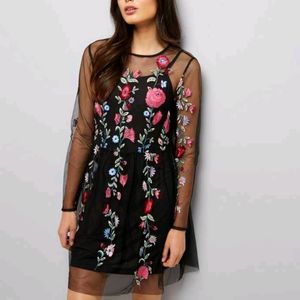 Black Mesh Floral Embroidered Skater Dress