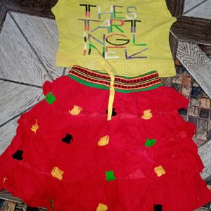 Yellow Top With Red Flayered Skirt