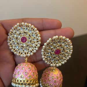 stylish Pink Kundan Pearl Jhumka For Women