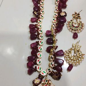 long Kundan And Real Natural Stone Necklace Set