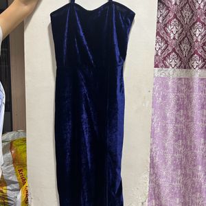 Navy Blue Velvet Bodycone Slit Dress