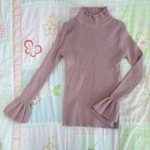 Pretty Pink Shimmer Rib-Knit Turtleneck