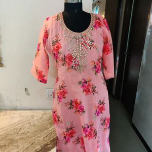 Kota Doria Floral Kurta With Gota Neckline