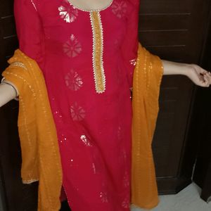 Women Festive Pink Embroidered BellSleeve Suit Set