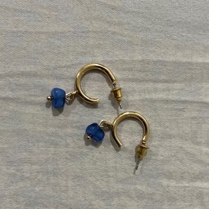 Golden Hoop Earrings With Blue Stone