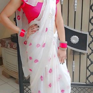 White Bandhej Saree